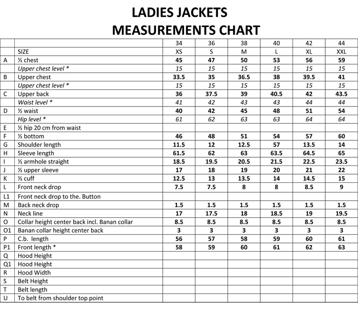 Ladies Jacket Size Chart